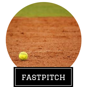 Yellow softball on orange dirt field with FASTPITCH label below