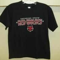 Black T-shirt with the Red Wolves logo and red wolf graphic on a hanger