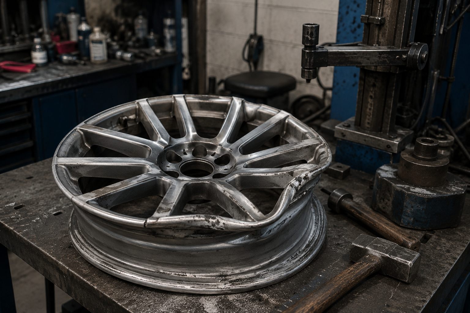 Professional wheel straightening using precision equipment at Uncle J's Tire & Rim