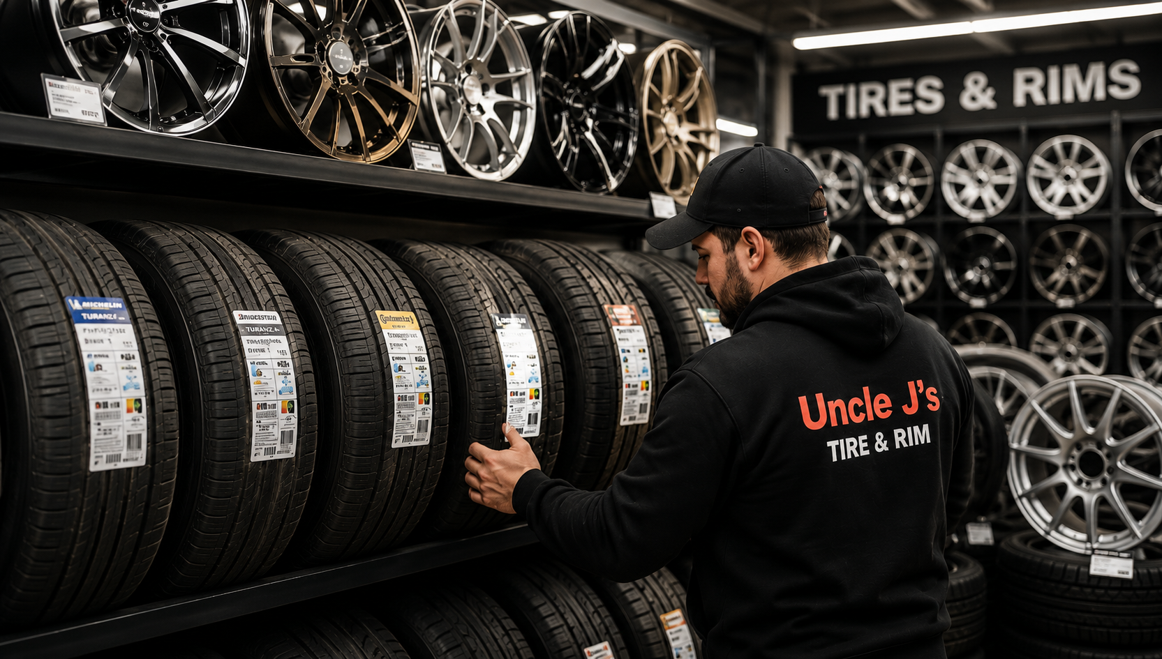 Expert technician helping customers choose premium tires and wheels at Uncle J's Tire & Rim