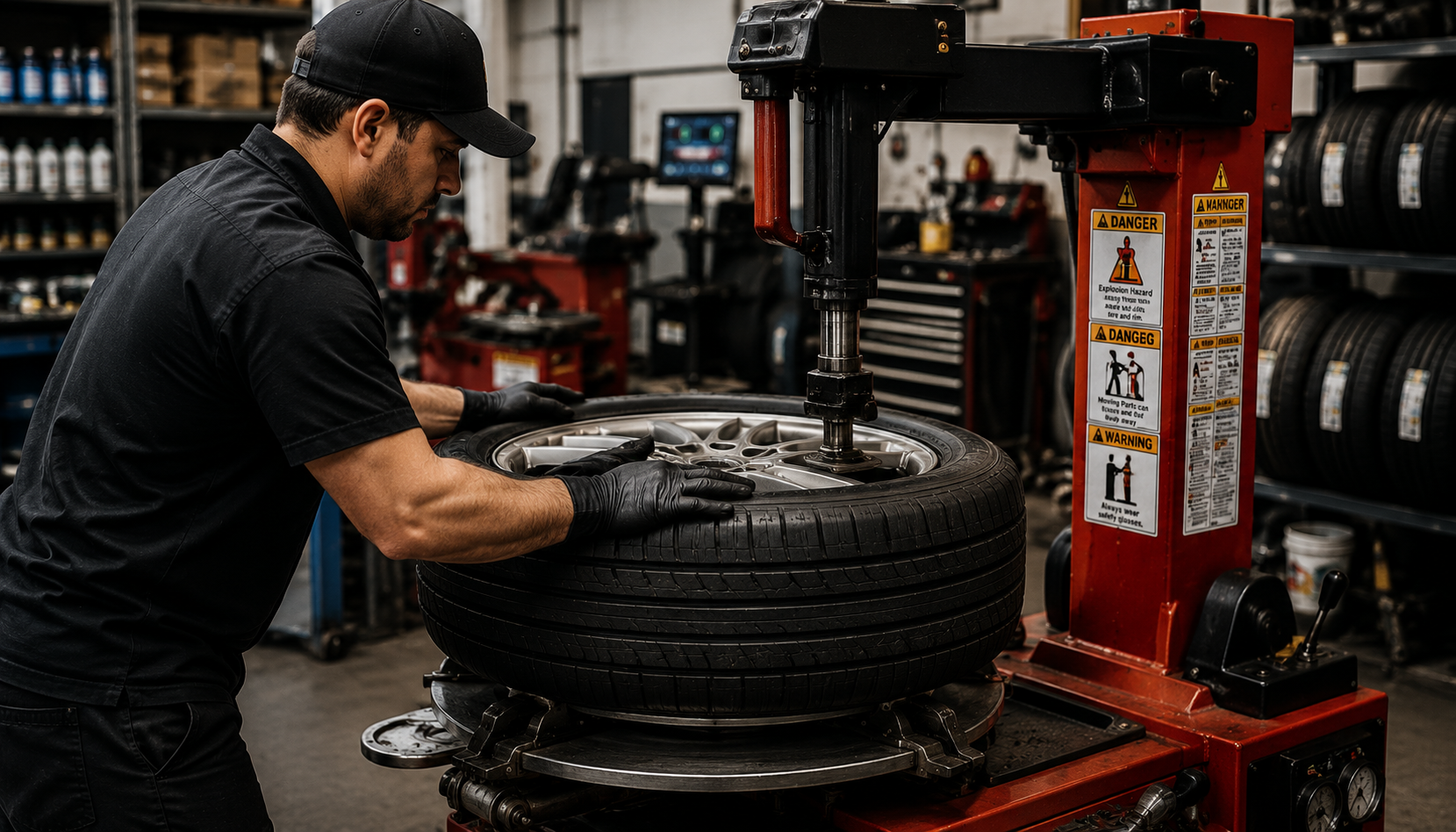 Expert technician mounting a tire using a professional tire changer at Uncle J's Tire & Rim