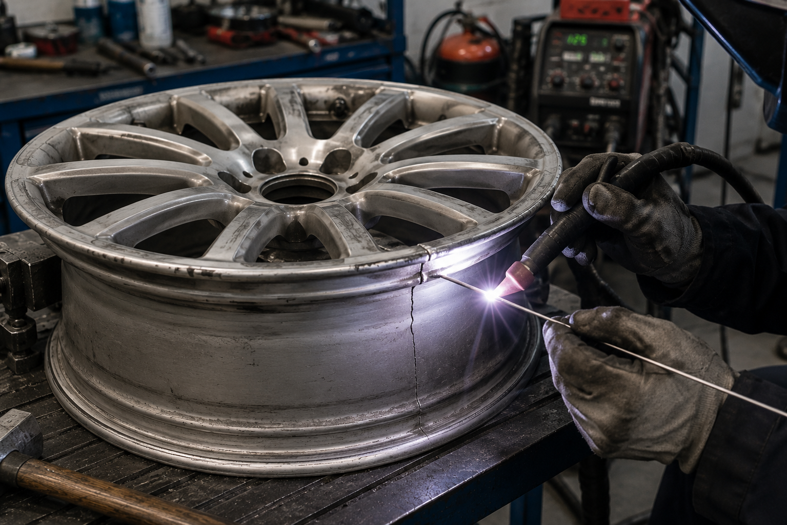 Professional alloy wheel crack welding using TIG welding at Uncle J's Tire & Rim
