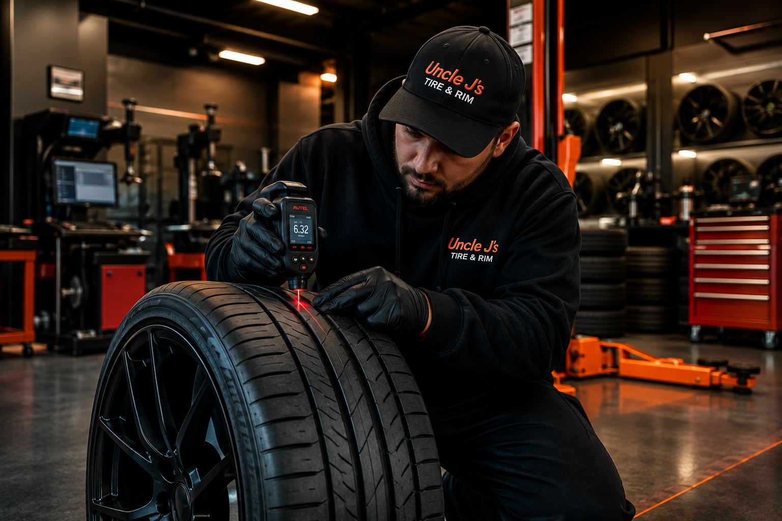 Expert technician inspecting tire tread depth using an Autel laser tread gauge at Uncle J's Tire & Rim