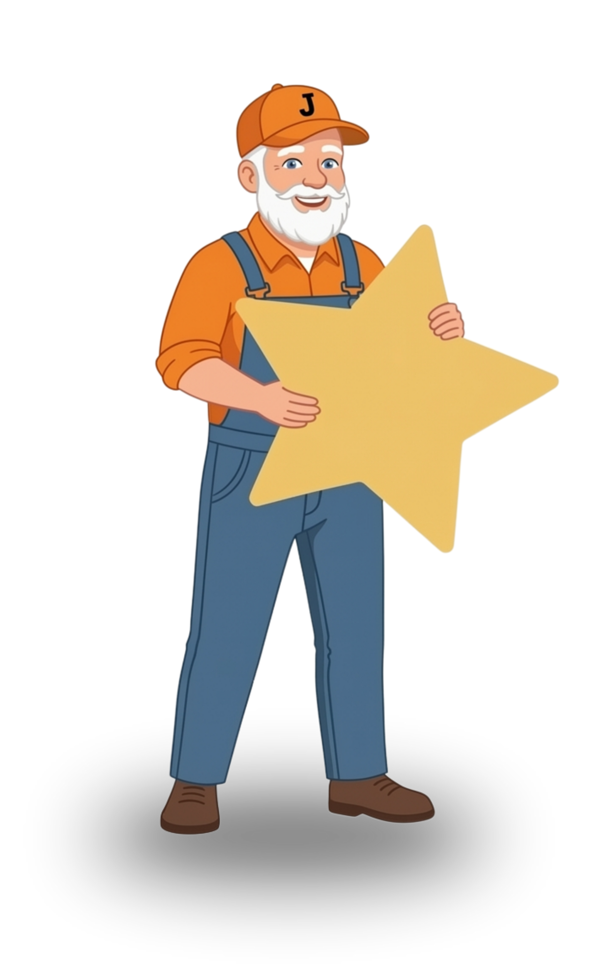 Smiling worker in orange cap and shirt holding a large yellow star-shaped sign