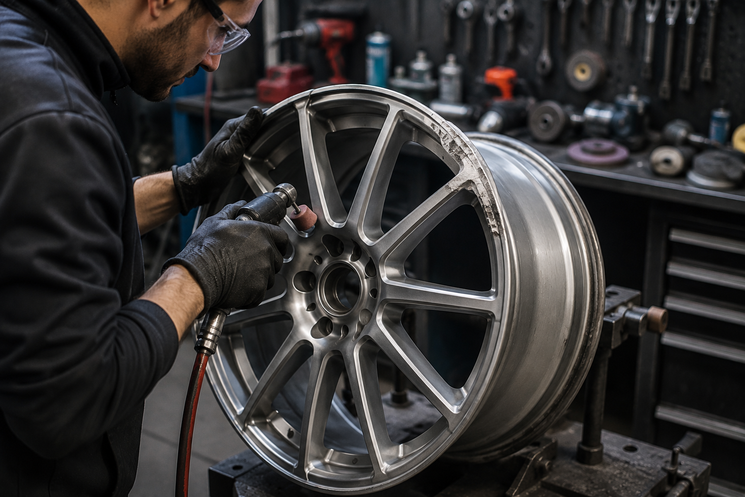 Expert technician restoring a damaged alloy wheel at Uncle J's Tire & Rim