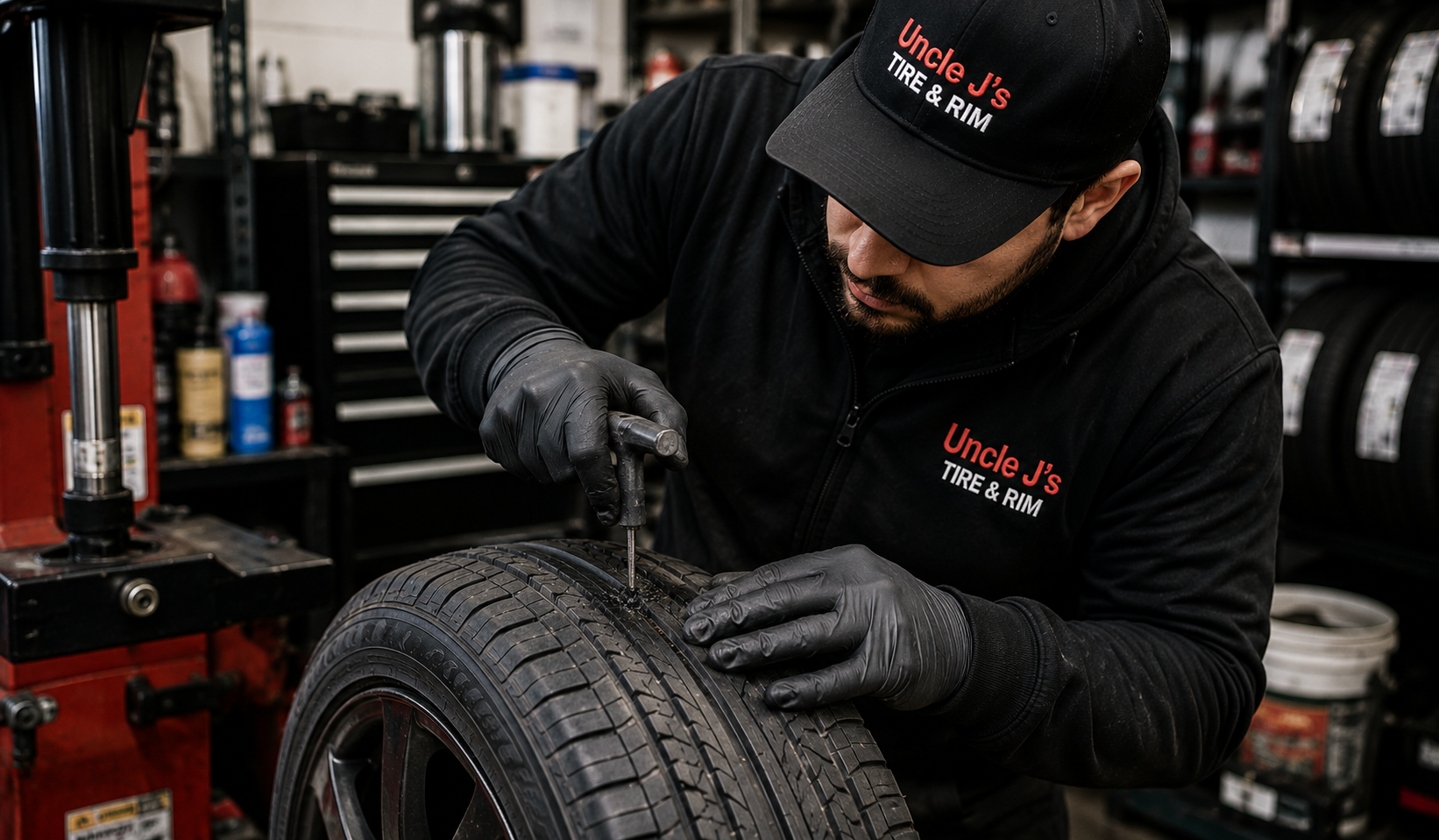 Expert technician repairing a damaged tire at Uncle J's Tire & Rim