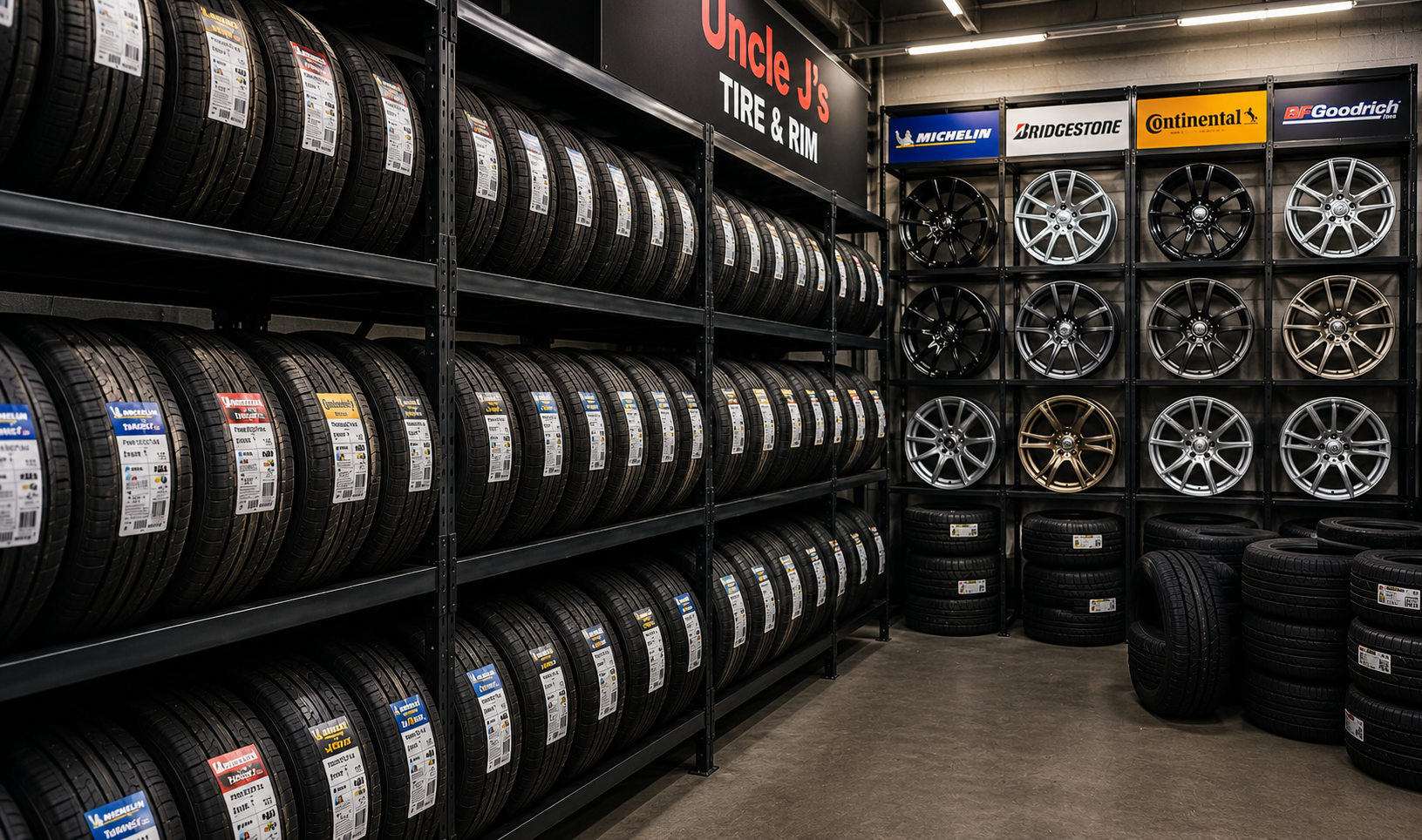 Professional seasonal tire storage with organized premium tire inventory at Uncle J's Tire & Rim