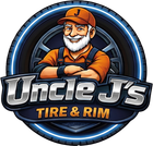 Logo for Uncle J’s Tire & Rim with a smiling mechanic mascot in orange over a wheel.