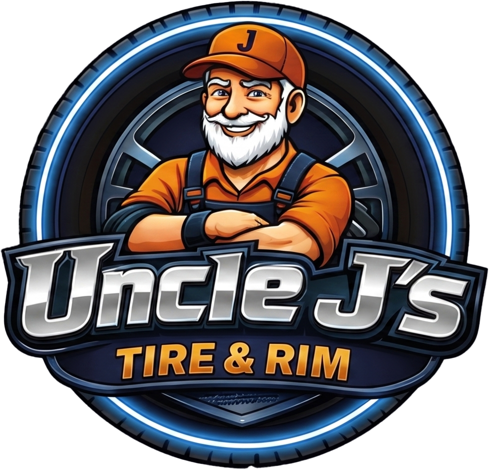 Logo for Uncle J’s Tire & Rim with a smiling mechanic mascot in orange over a wheel.