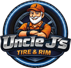 Logo for Uncle J’s Tire & Rim with a smiling mechanic mascot in orange over a wheel.