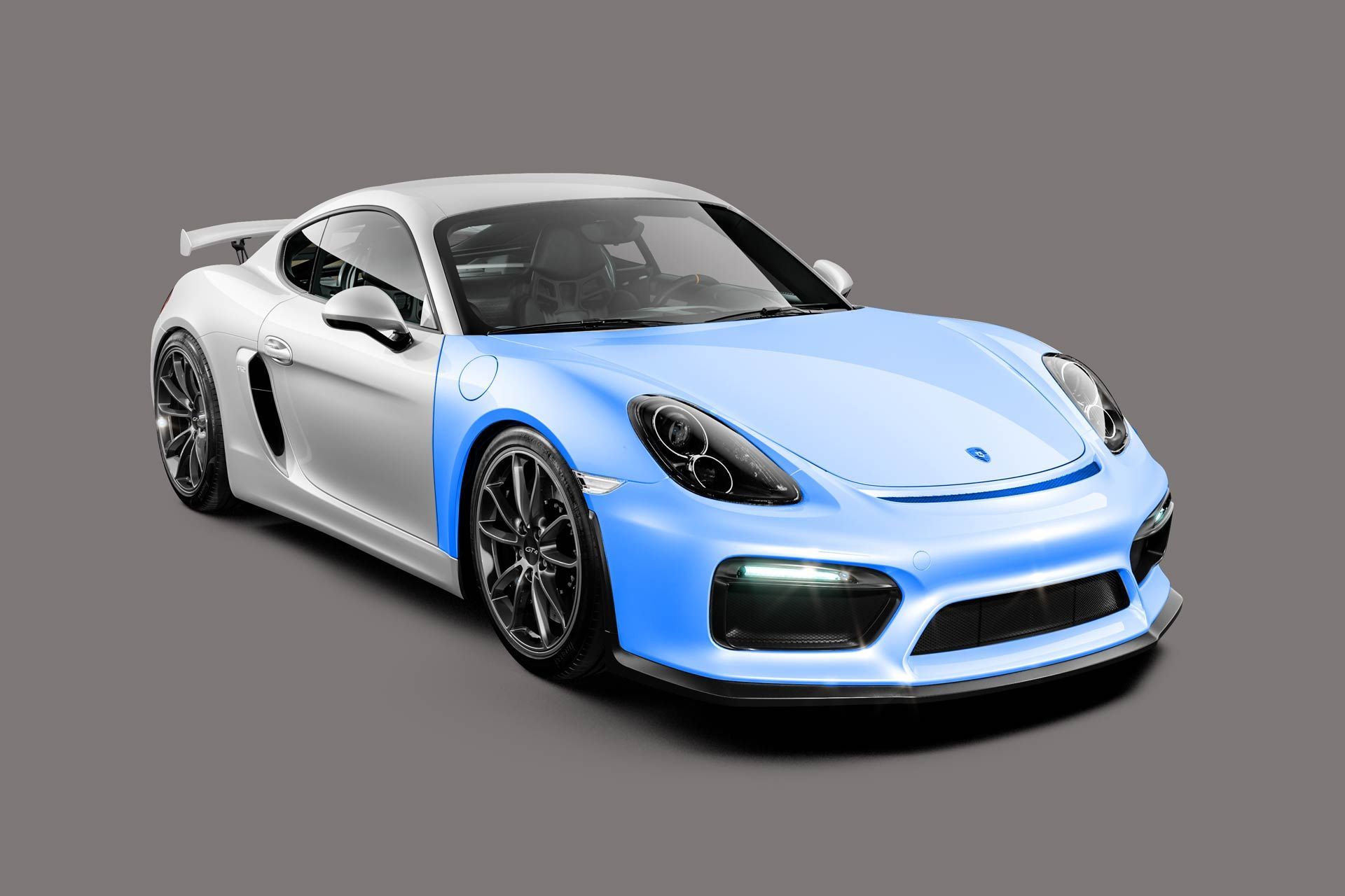 A white and blue sports car with a blue fender on a gray background.