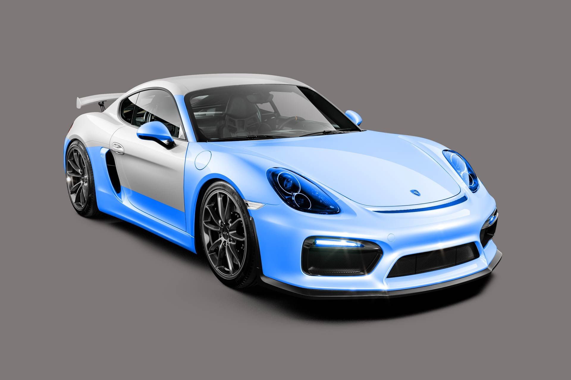 A blue and white sports car on a gray background.