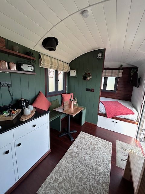 Tiny cabin interior with bunk beds, green walls, white ceiling, and a small kitchenette