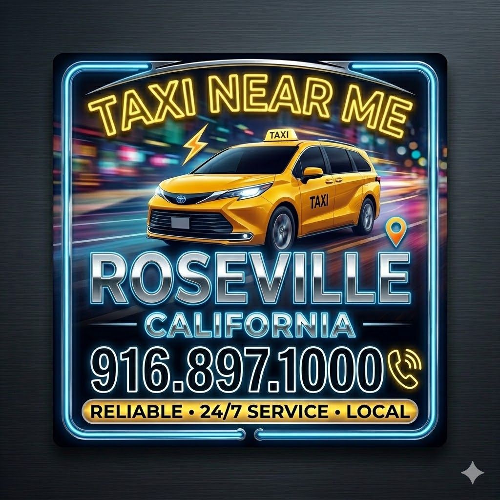 Yellow taxi ad for Roseville, California, with 916-897-1000 and “24/7 service” text.