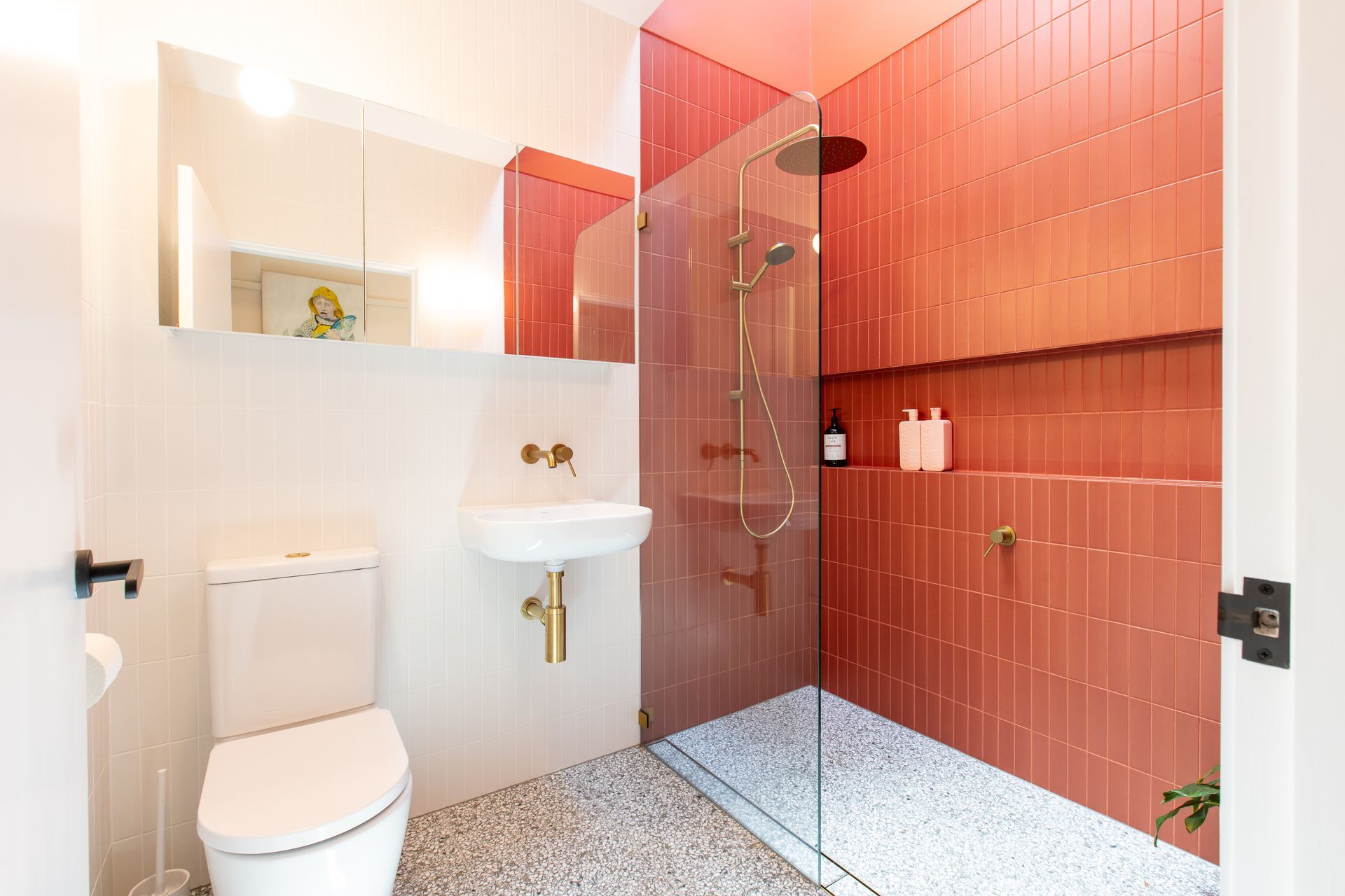 A Bathroom With Red Tiles and a Walk in Shower — Matt Loder Constructions in Bulli, NSW