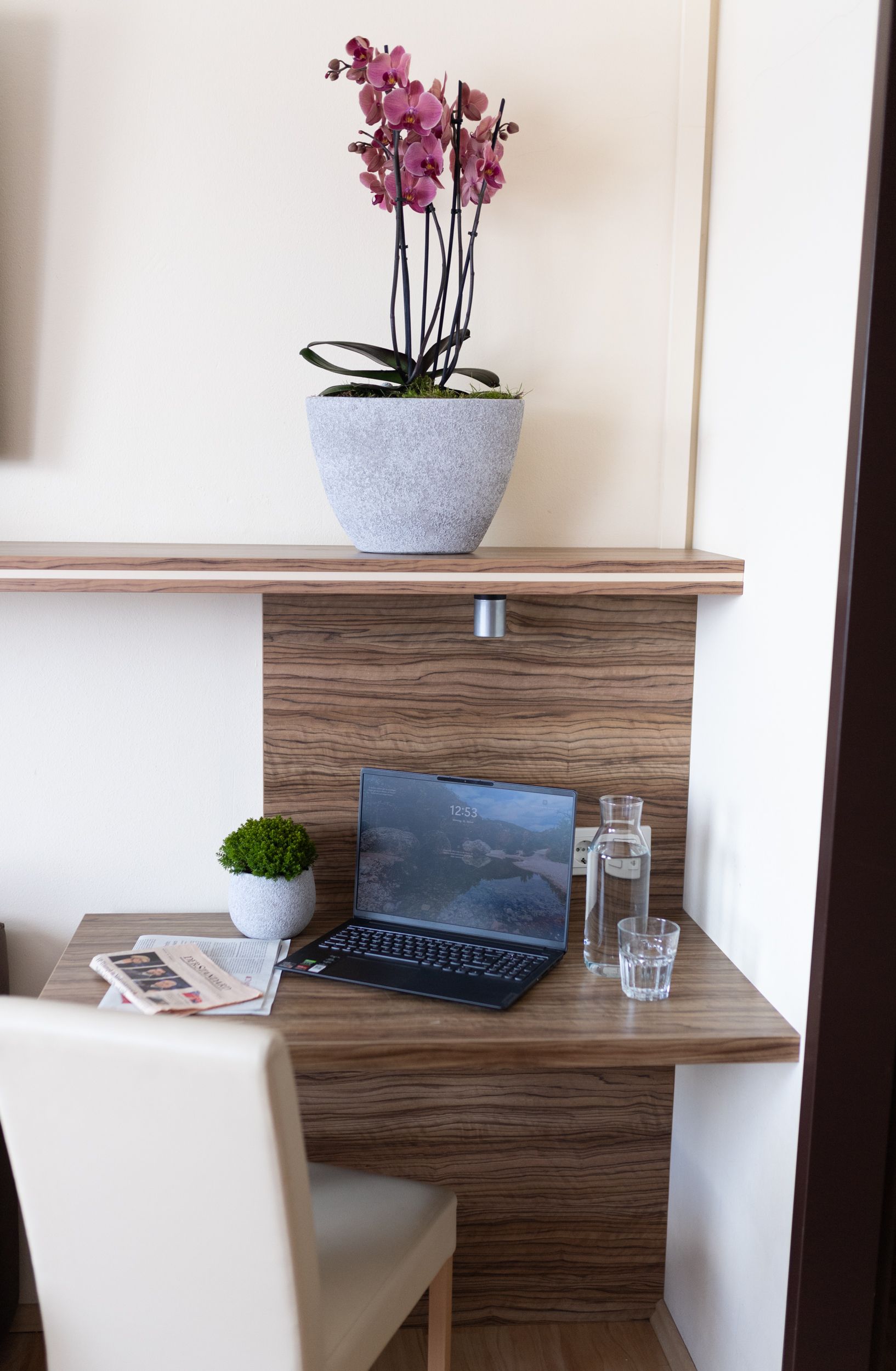Eine Orchidee auf einem Wandregal im Businesszimmer