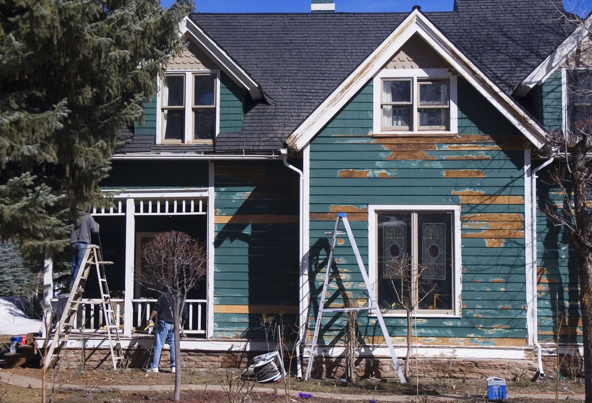 A green house is being painted by a man on a ladder