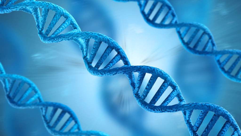Filamentos azuis de dupla-hélice de DNA sobre um fundo azul-claro
