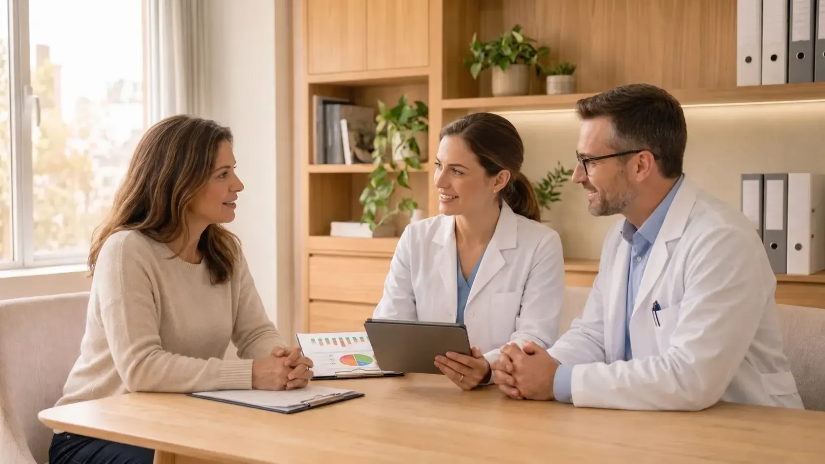 Três pessoas de jaleco branco conversam em uma mesa de madeira em um escritório bem iluminado, com um tablet e papéis.
