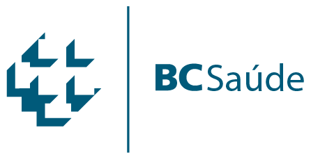 Logotipo da BC Saúde com ícone geométrico verde-azulado e texto separados por uma linha vertical.