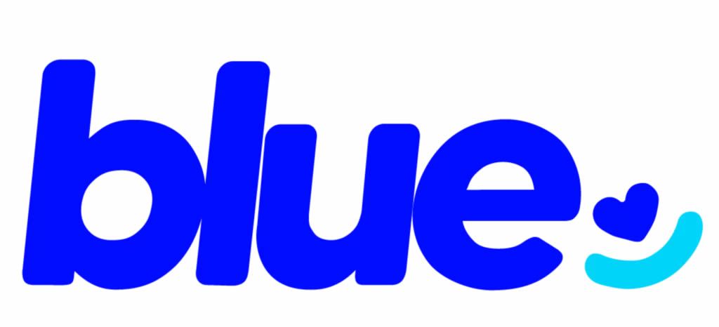 Logotipo azul com um smiley turquesa.