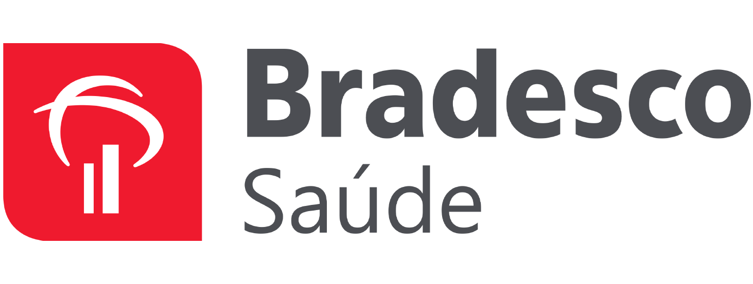 Logotipo do Bradesco Saúde com ícone vermelho e texto cinza sobre fundo branco.