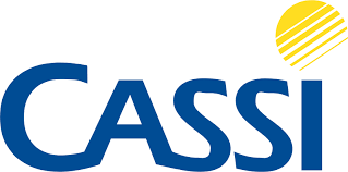 Logotipo da Cassi em texto azul com um círculo listrado amarelo acima das letras finais.