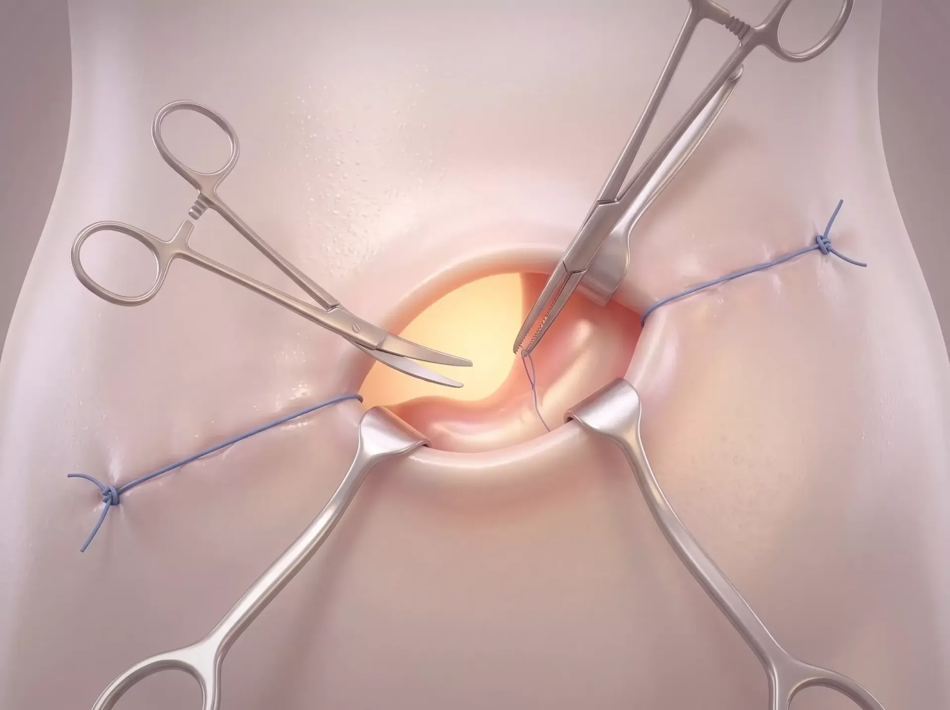 Cena cirúrgica com instrumentos ao redor de uma incisão central no olho, com suturas visíveis no tecido circundante.