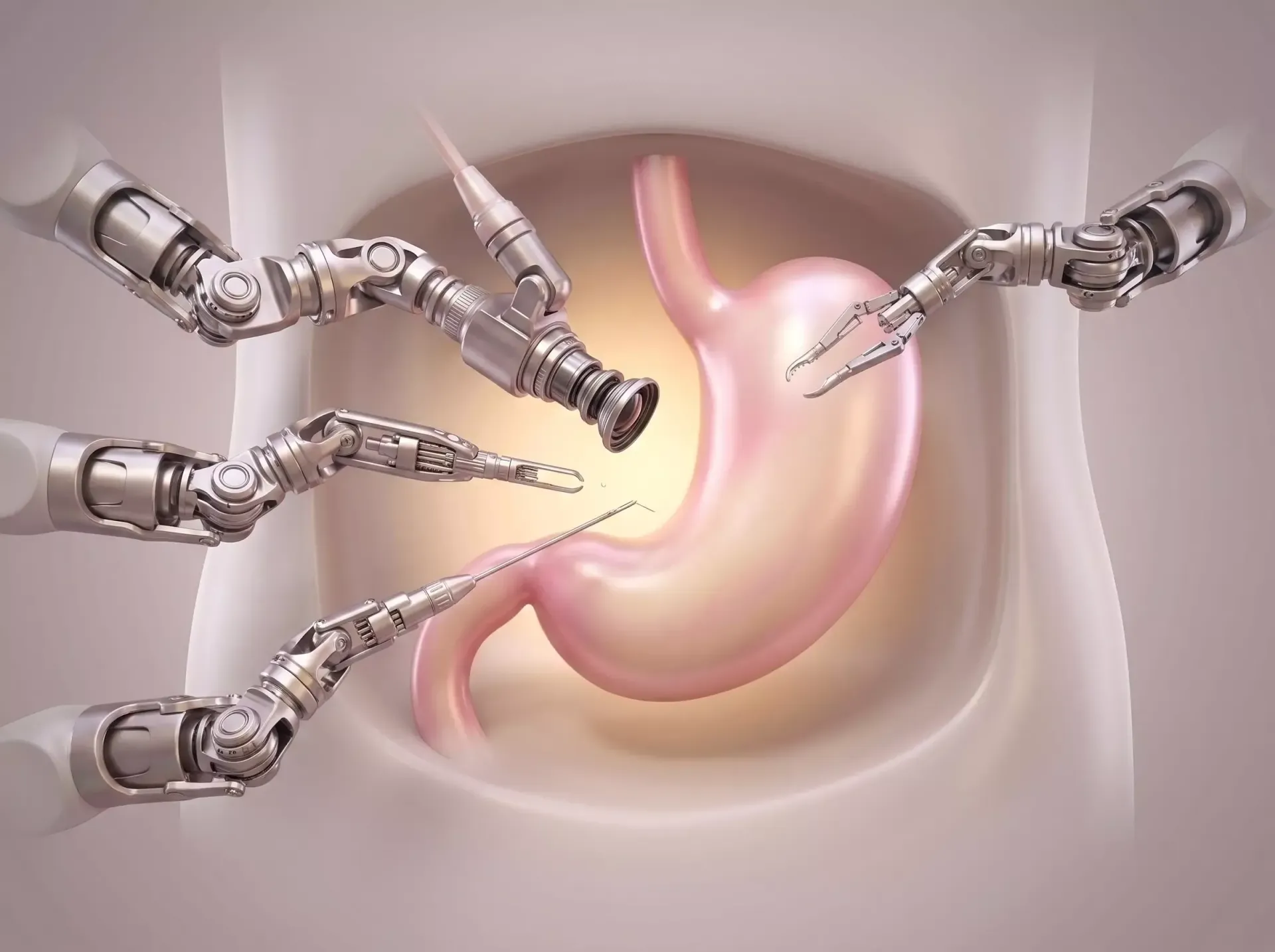 Ferramentas cirúrgicas robóticas operando em um modelo de estômago durante cirurgia minimamente invasiva