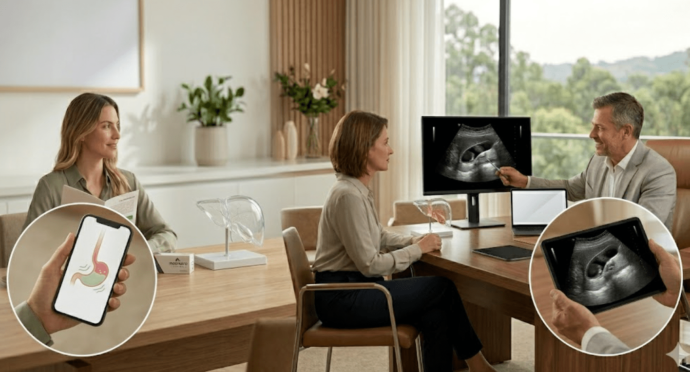 Doctor reviewing ultrasound with patient in a modern office, with smartphone and ultrasound inset displays