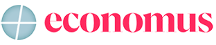 Logotipo da Economus com marca denominativa rosa e ícone de globo azul sobre fundo branco.