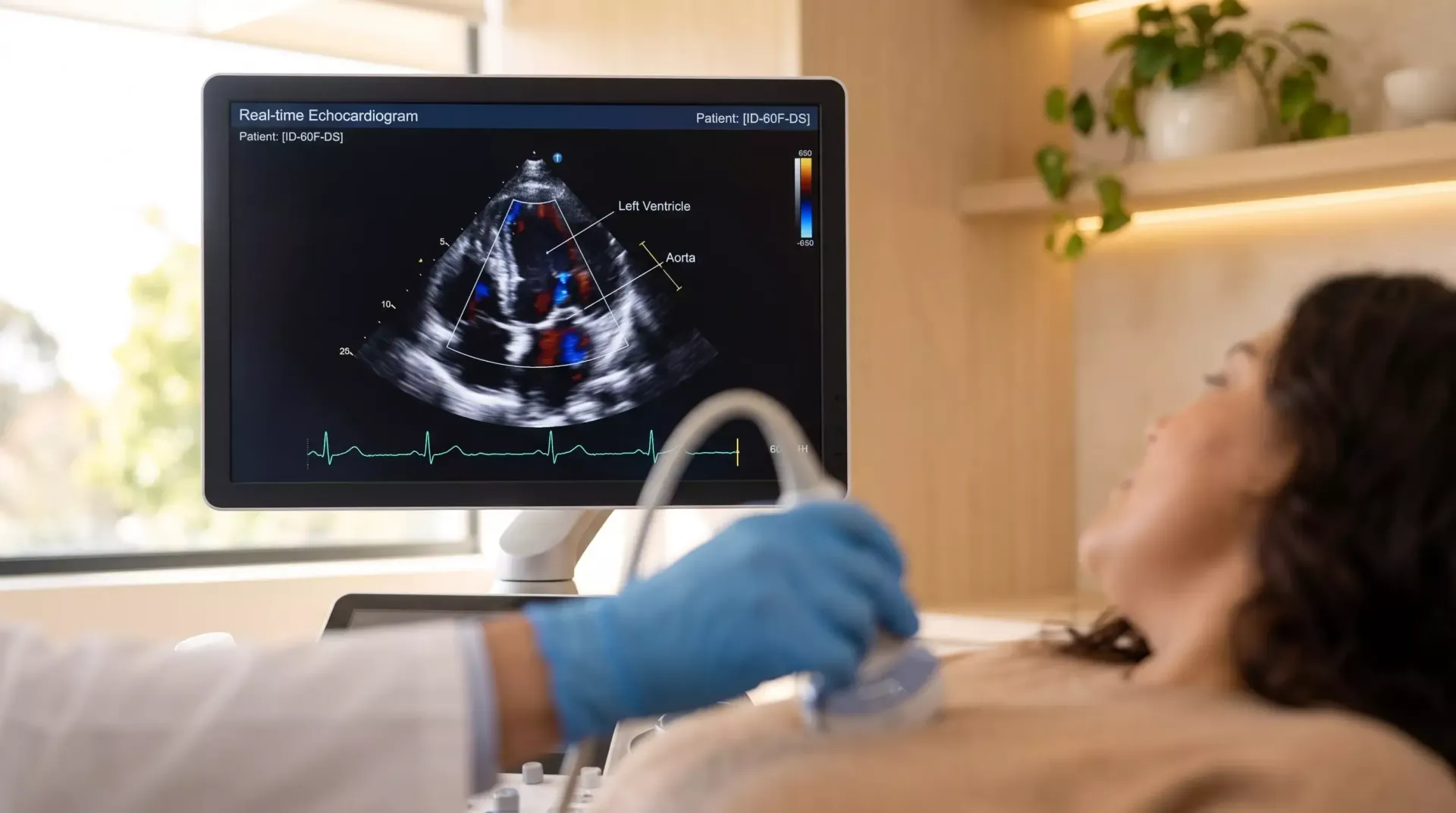 Exame de ultrassom em uma paciente grávida em uma clínica, com a imagem fetal exibida em um monitor.