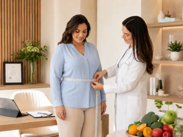 Uma mulher de blusa azul tem suas medidas tiradas por uma estilista em uma sala iluminada com frutas sobre o balcão.