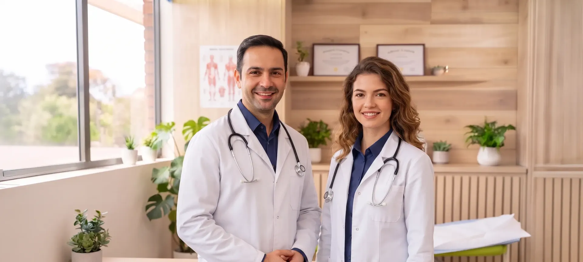 Dois médicos de jaleco branco sorrindo em um consultório bem iluminado.