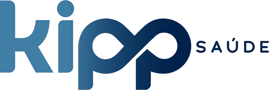 Logotipo da Kipp Saúde em azul e branco com um símbolo do infinito estilizado.