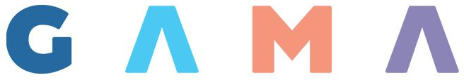 Logotipo estilizado “GAMA” em letras azuis, azul-claro, laranja e azul-claro sobre fundo branco.