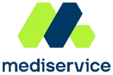 Logotipo da Mediservice com hexágonos azuis e verde-limão acima da palavra