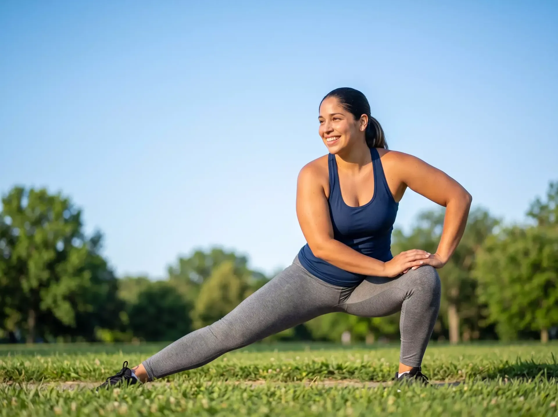 Mulher com roupa de ginástica se alongando ao ar livre na grama sob um céu claro.