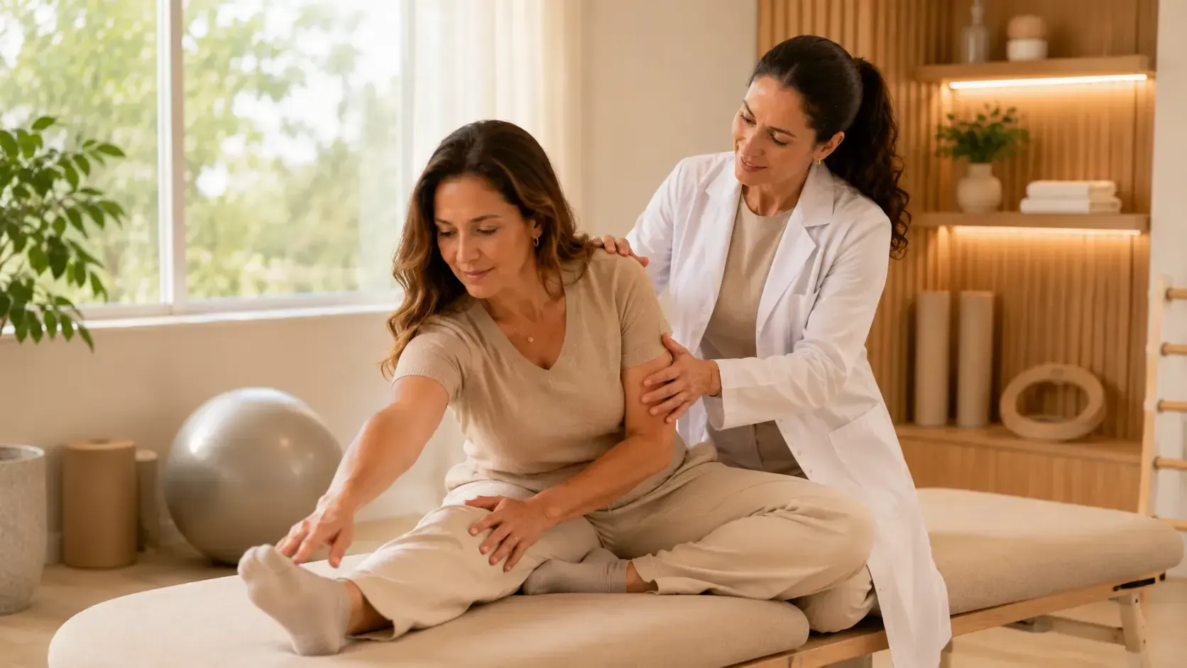 Duas mulheres praticando alongamentos de ioga em uma clinica.