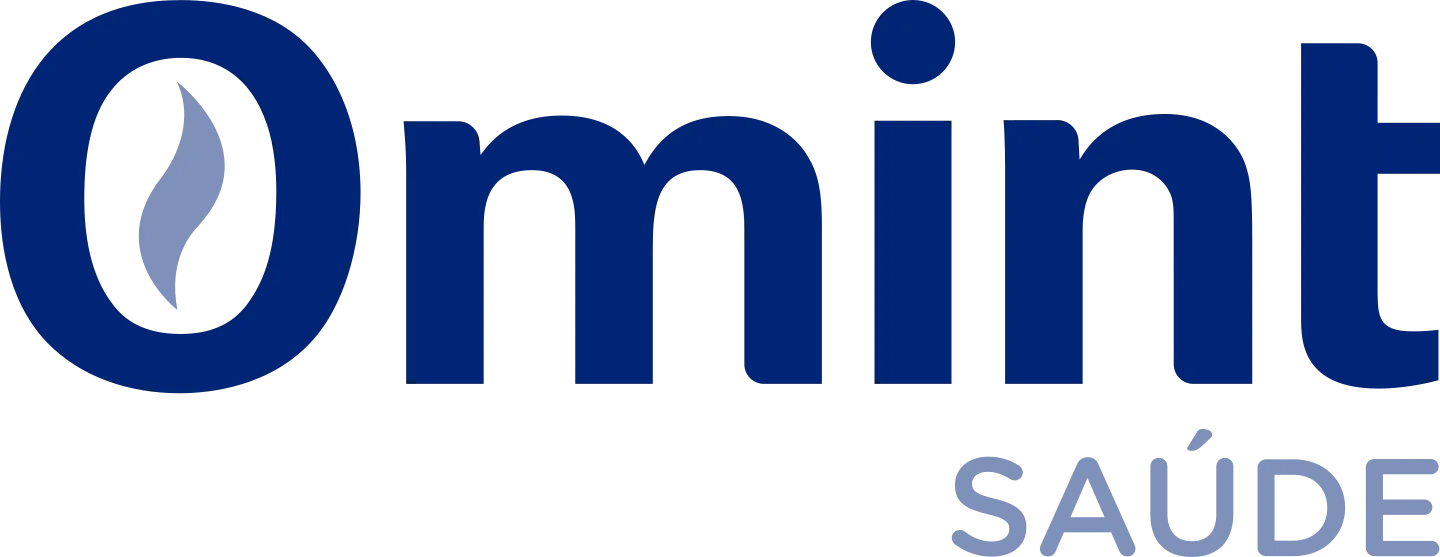 Logotipo da Omin Saúde em azul escuro e cinza claro sobre fundo branco.