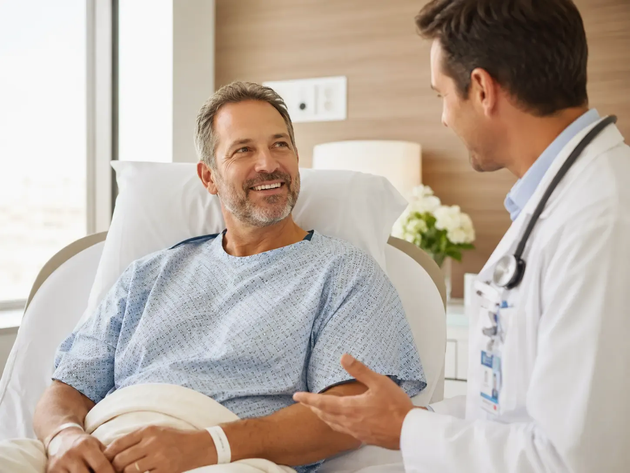 Médico conversando com um paciente sorridente em um leito de hospital.