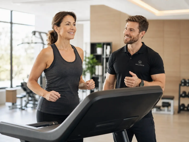 Duas pessoas correndo em esteiras em uma academia bem iluminada, sorrindo e conversando.