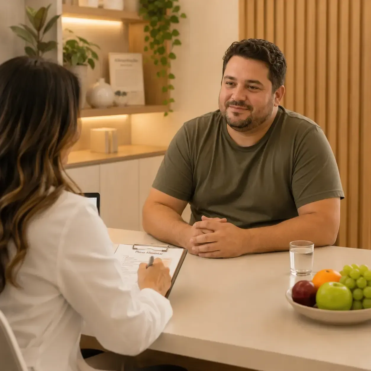 Paciente conversando com um profissional de saúde do outro lado de uma mesa em uma sala de clínica.