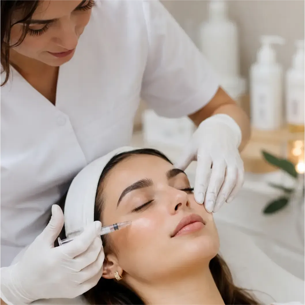 Esteticista aplicando um tratamento facial em uma cliente relaxada em um ambiente de spa.
