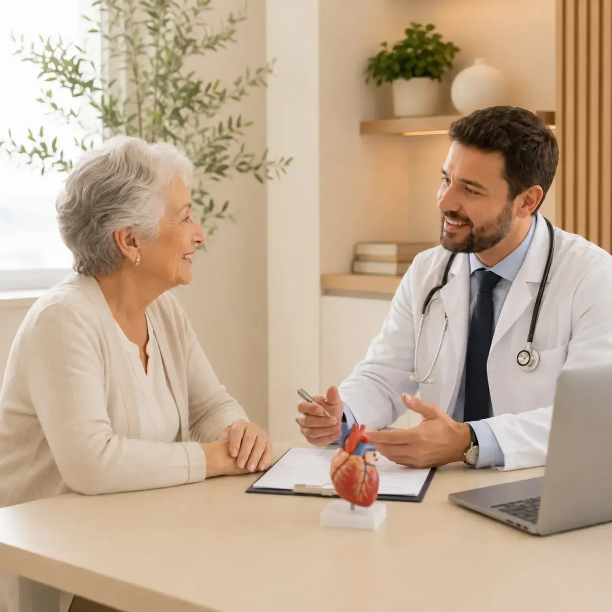 Médico e paciente conversando em uma mesa com um modelo de coração e um laptop em uma clínica bem iluminada.