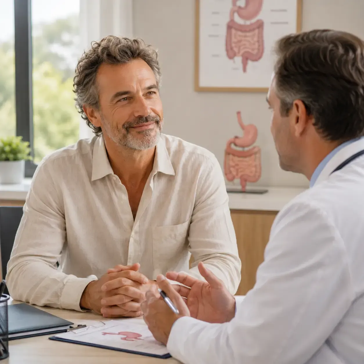 Dois homens conversando em um consultório médico, um de cada lado de uma mesa, com pôsteres de anatomia na parede.