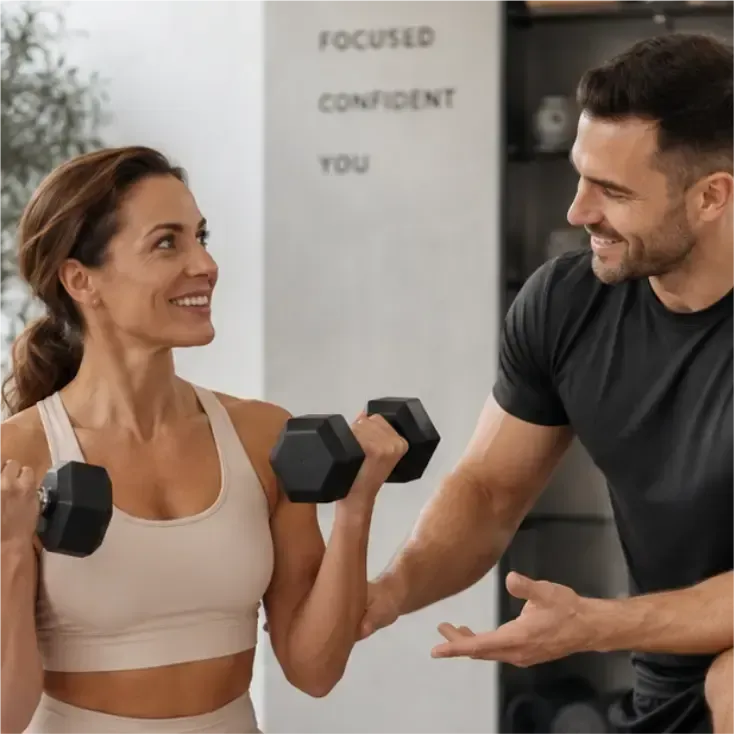 Duas pessoas malhando com halteres em uma academia, sorrindo e conversando.
