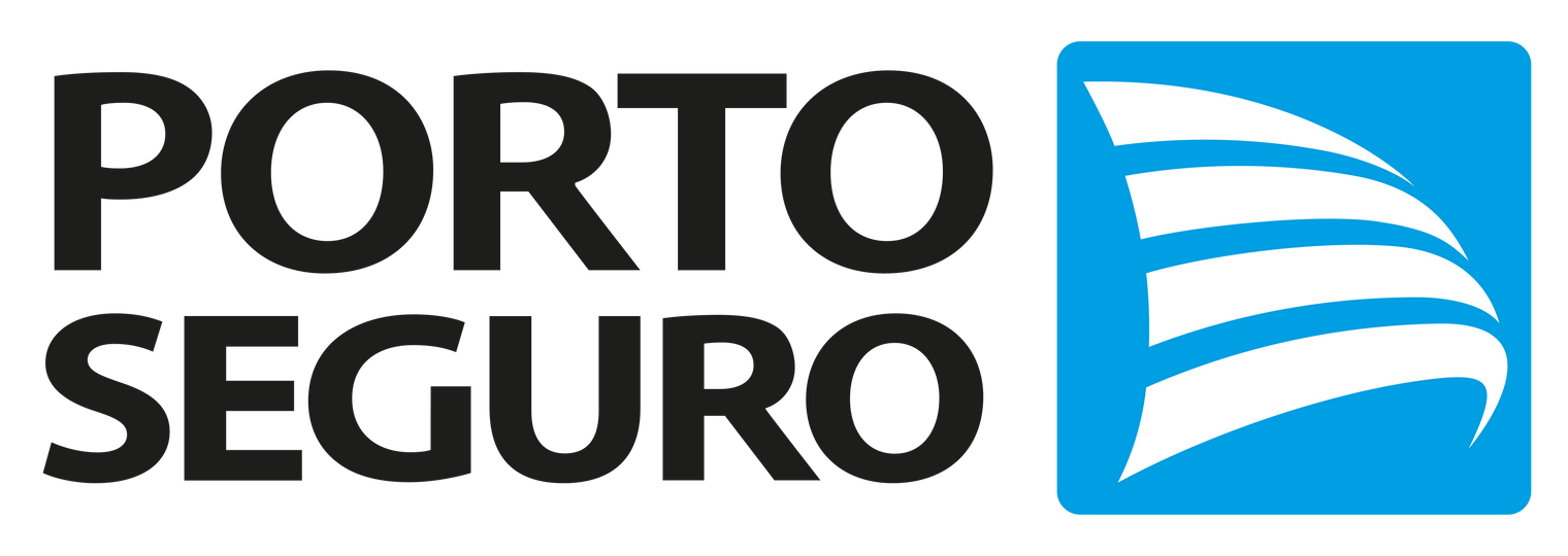 Logotipo da Porto Seguro com texto preto e um quadrado azul contendo linhas onduladas brancas.