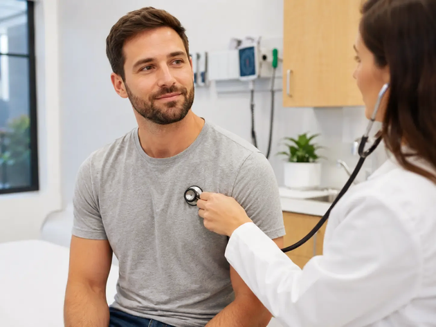 Médico examinando um paciente sentado com um estetoscópio em uma sala de exames de clínica.