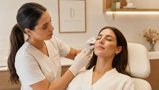 Esteticista aplicando tratamento facial em uma cliente em uma sala de tratamento de spa bem iluminada.